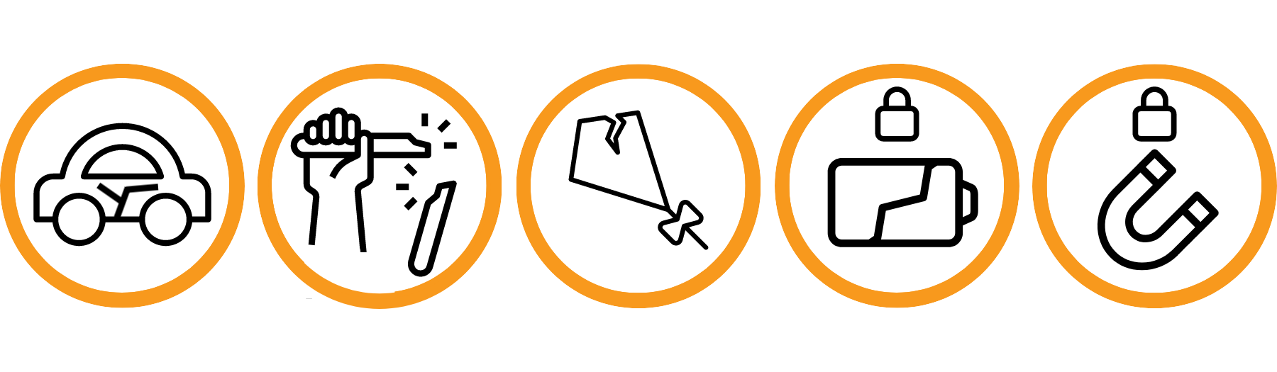 graphic showing a broken toy car, a broken stick with sharp edges, a broken kite, a battery and a magnet.
