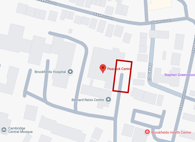 Map of Peacock Centre with the a red box highlighting the parking at the back.