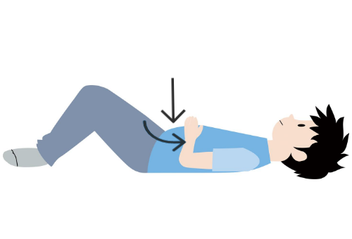 Illustration of a child laying on their back with knees raised and arrows pointing down at their stomach and up through their body towards their head.