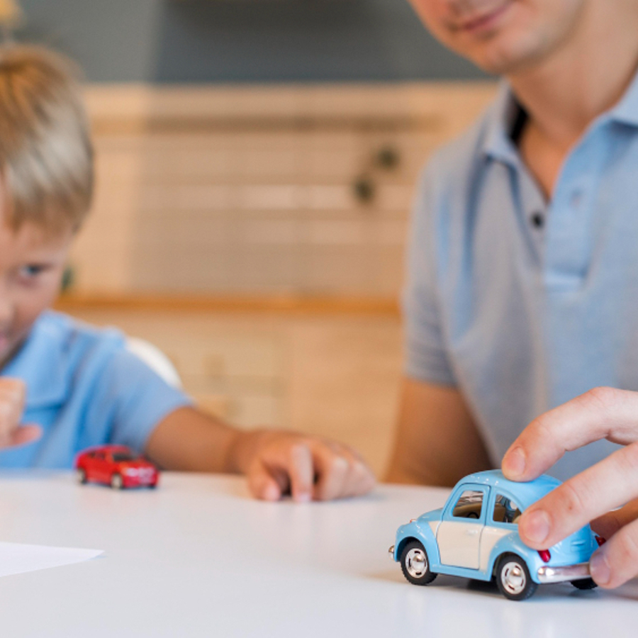Young Boy Playing With Toy Cars With Adult Man